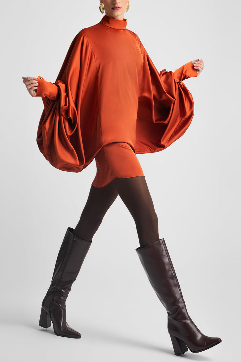 SHORT BALLOON ARMS SATIN DRESS BRICK