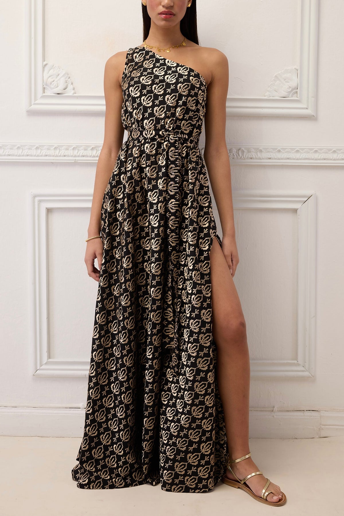 LONG ONE SHOULDER DRESS "CANNES" BLACK/ROSE GOLD