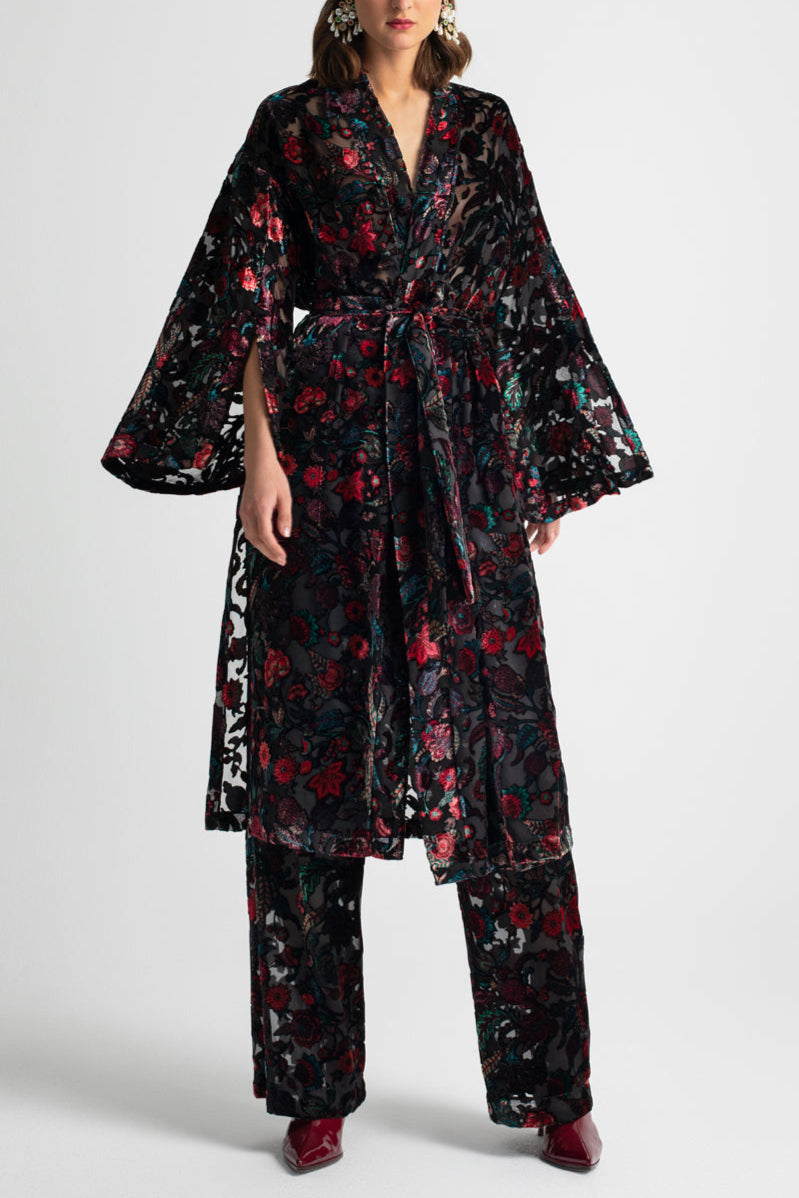 VELVET VISCOSE KIMONO WITH BELT "FLORA" BURGUNDY