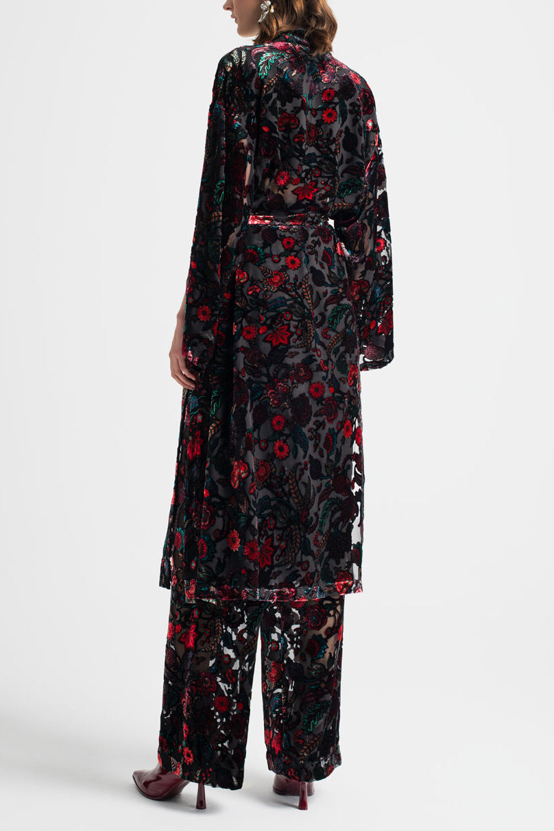 VELVET VISCOSE KIMONO WITH BELT "FLORA" BURGUNDY