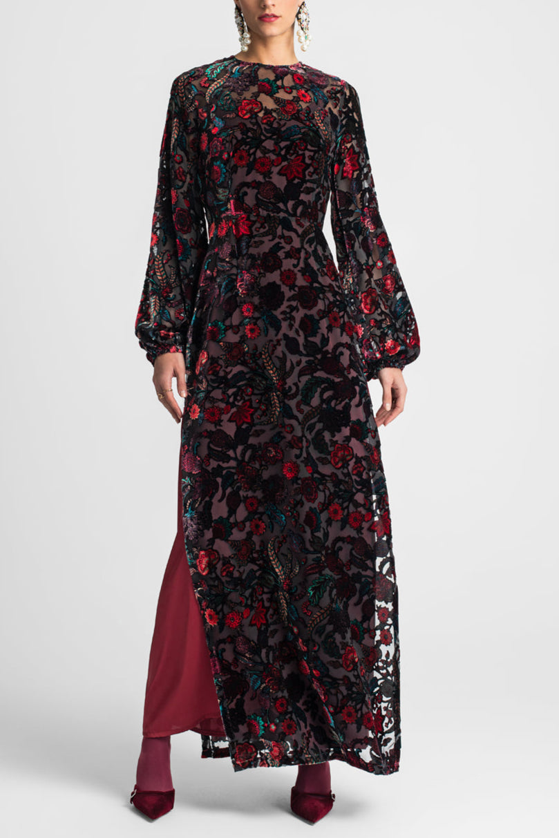 LONG VISCOSE VELVET DRESS "FLORA" BURGUNDY