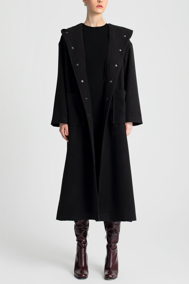 HOODED OVERSIZED COAT WITH BELT BLACK