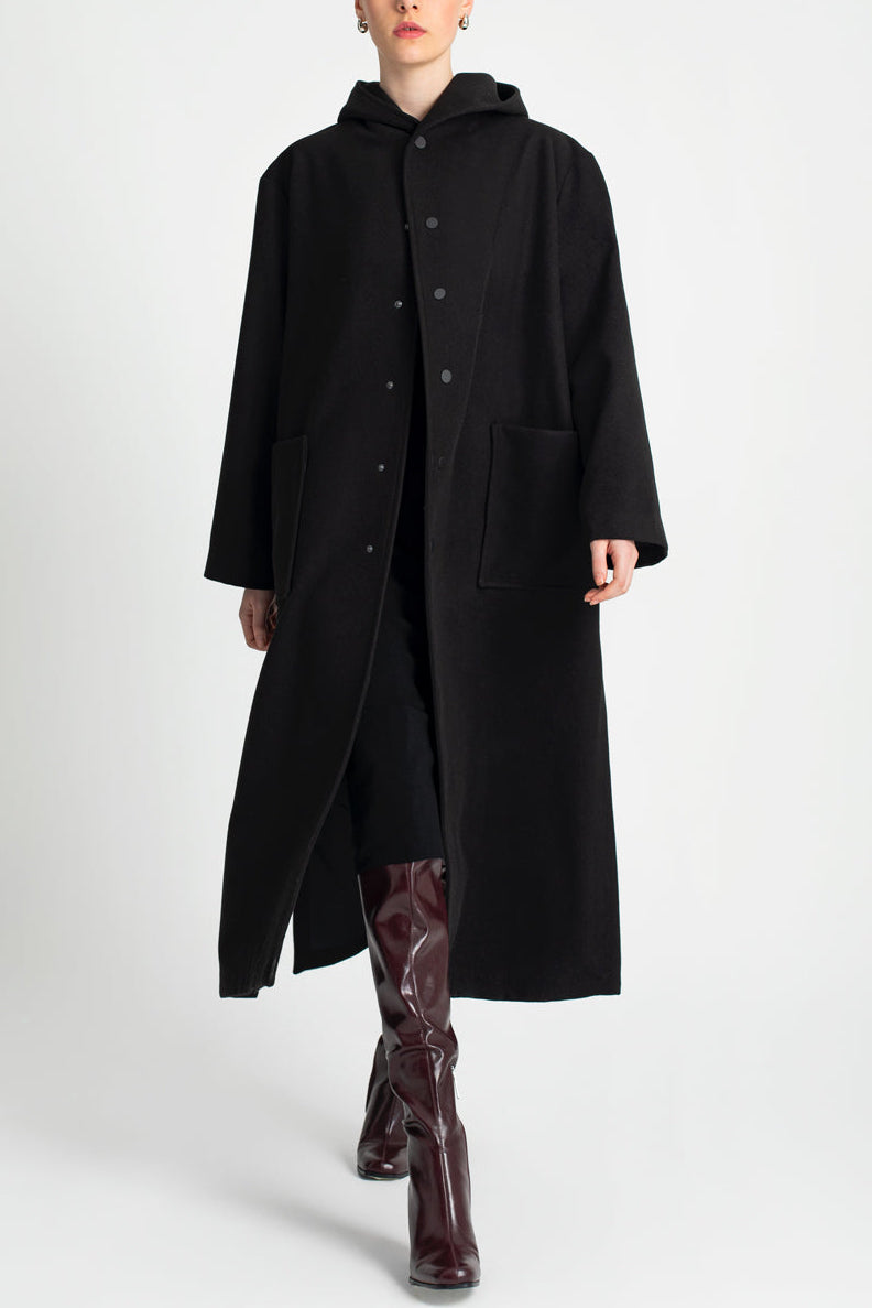 HOODED OVERSIZED COAT WITH BELT BLACK