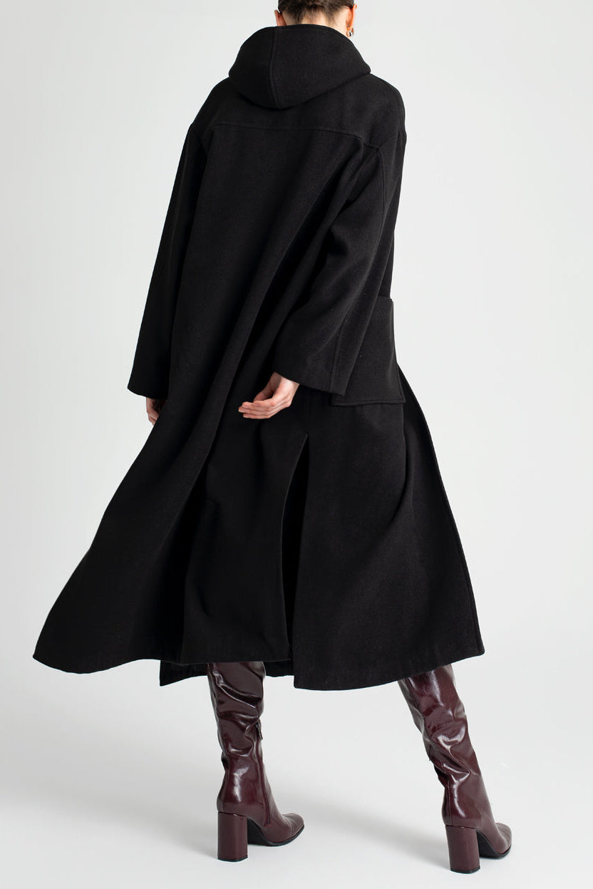 HOODED OVERSIZED COAT WITH BELT BLACK