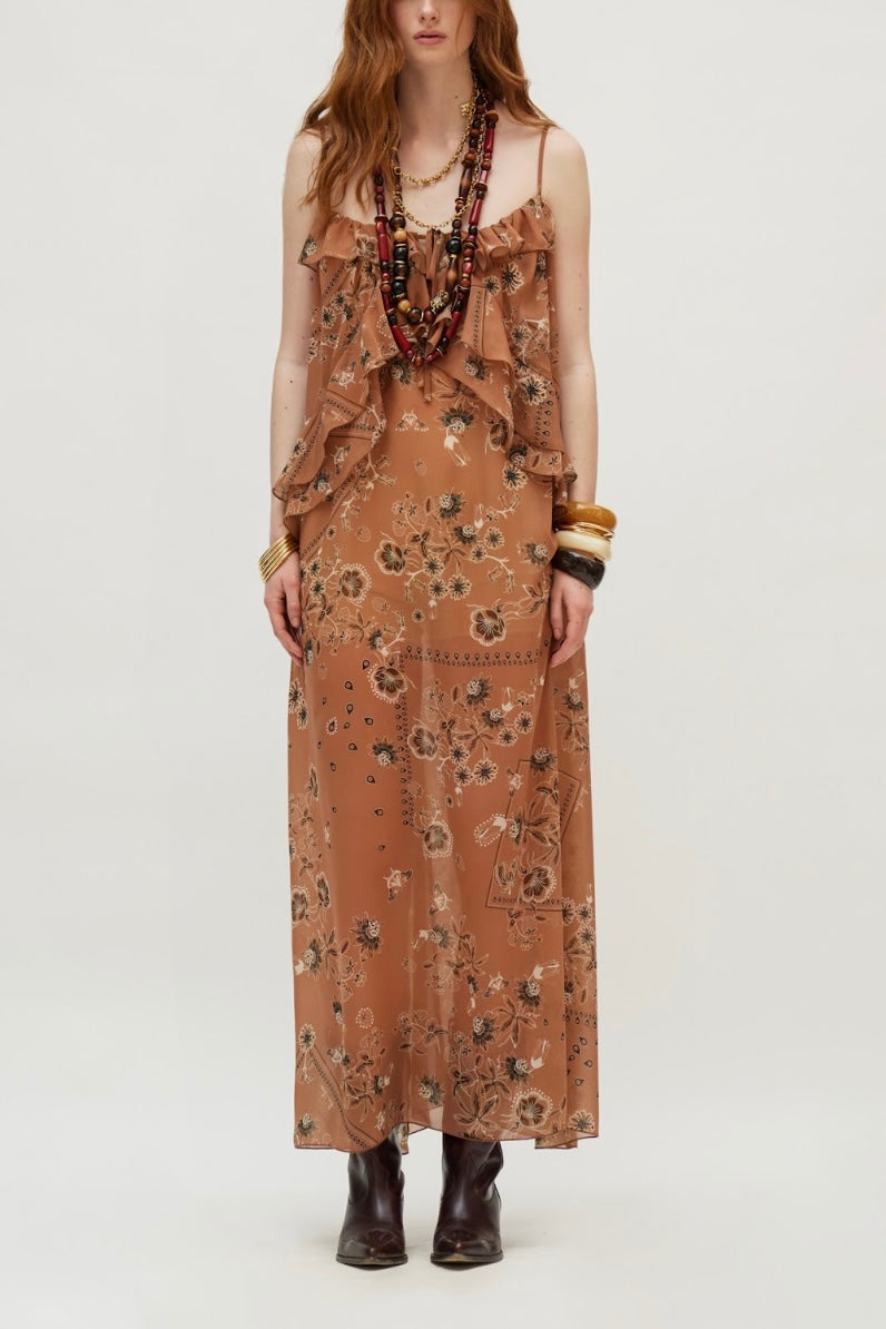 LONG TRANSPARENT CHIFFON DRESS "ROSE" BROWN