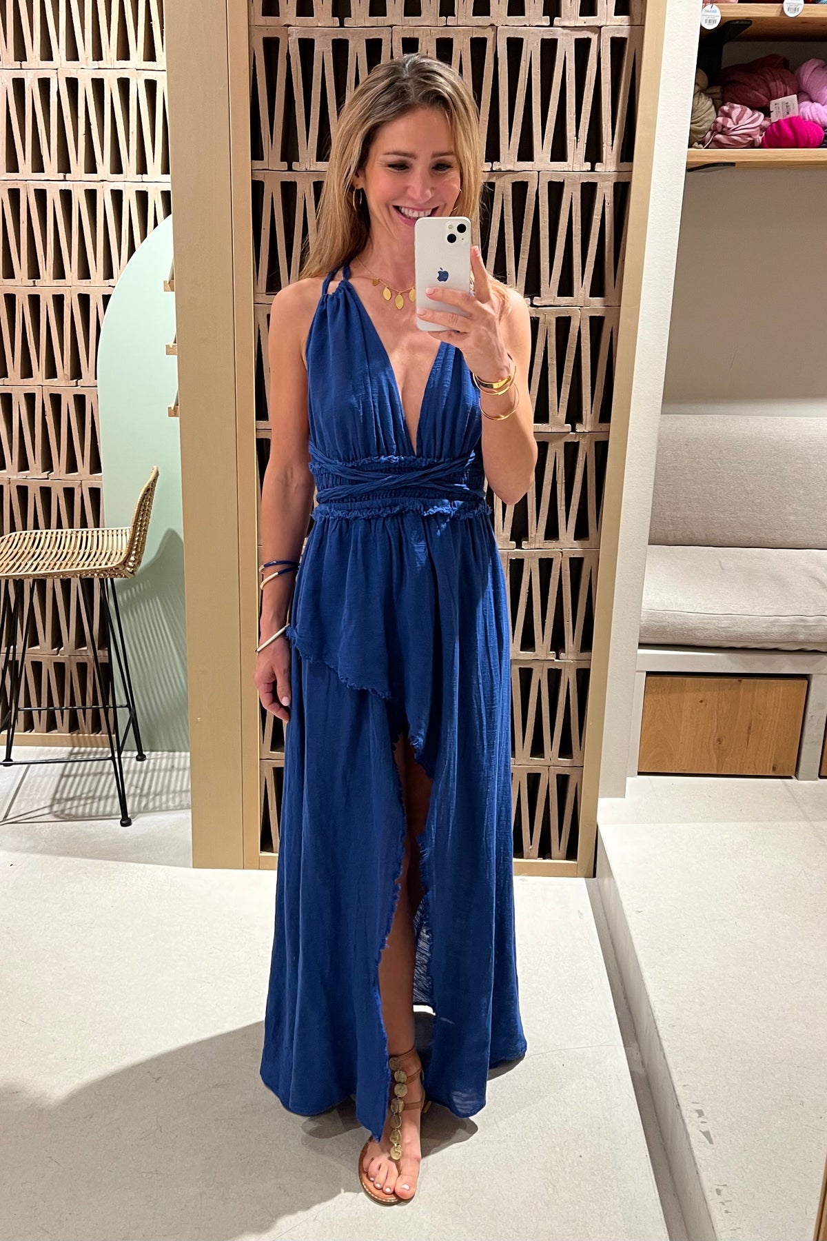 LONG SLITTED NECKHOLDER DRESS "MALIA" BLUE