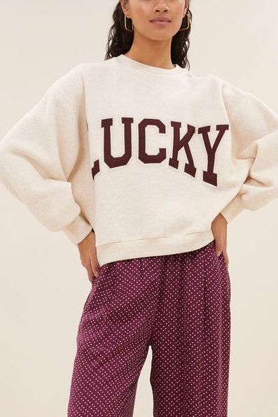 OVERSIZED COTTON SWEATER "LUCKY" CREAM/BORDEAUX