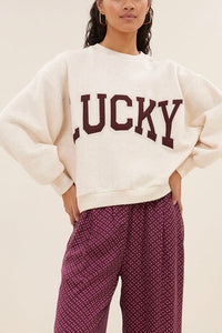 OVERSIZED COTTON SWEATER "LUCKY" CREAM/BORDEAUX