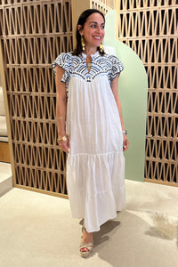 MIDI DRESS WITH RUFFLES "TRIANGLE" WHITE/BLUE