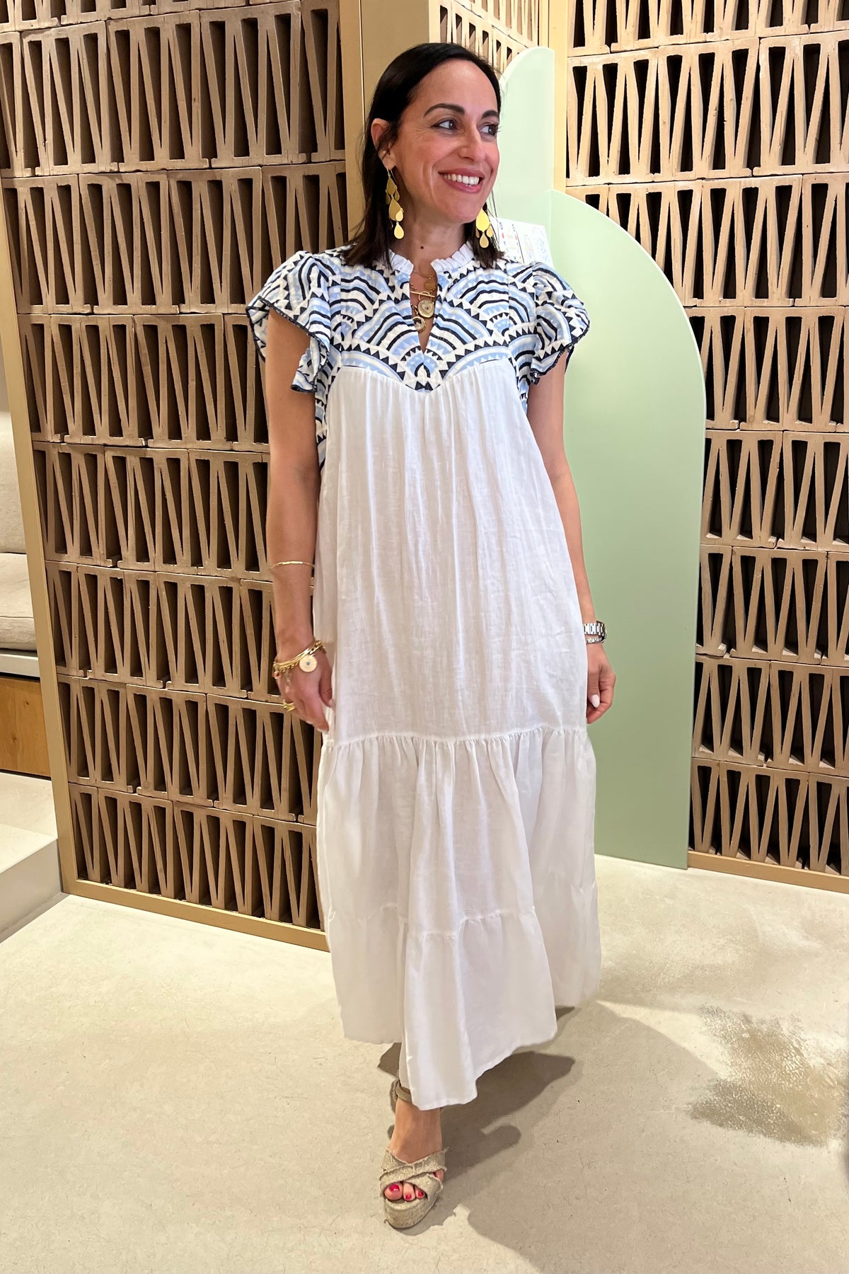 MIDI DRESS WITH RUFFLES "TRIANGLE" WHITE/BLUE