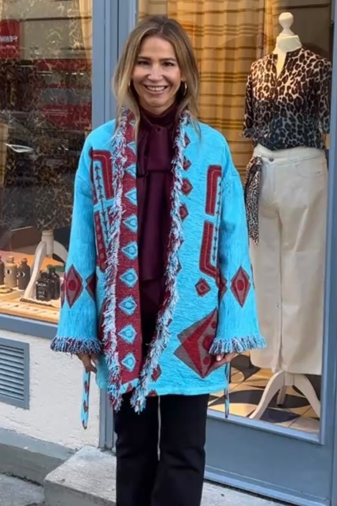 OVERSIZED JACQUARD KIMONO JACKET "ELEA" TURQUOISE