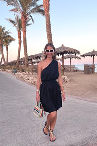 SHORT ONE SHOULDER COTTON WRAP DRESS "ALEA" BLACK