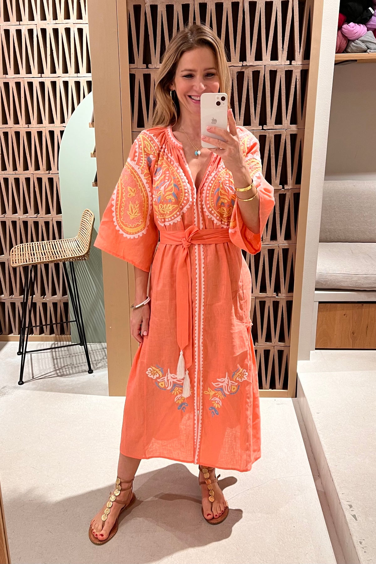 MIDI EMBROIDERED LINEN DRESS "ARETI" CORAL