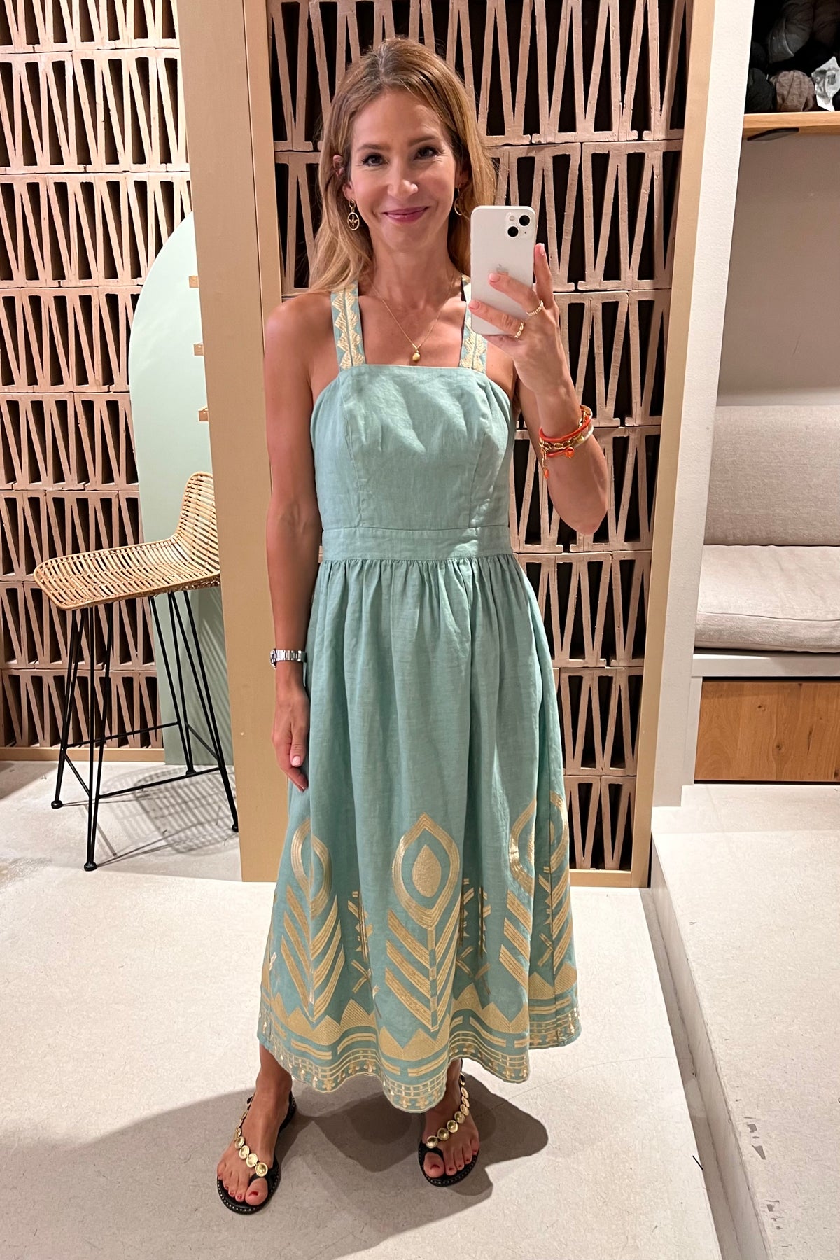 STRAPPY MIDI LINEN DRESS "FEATHER" SEA GREEN/GOLD