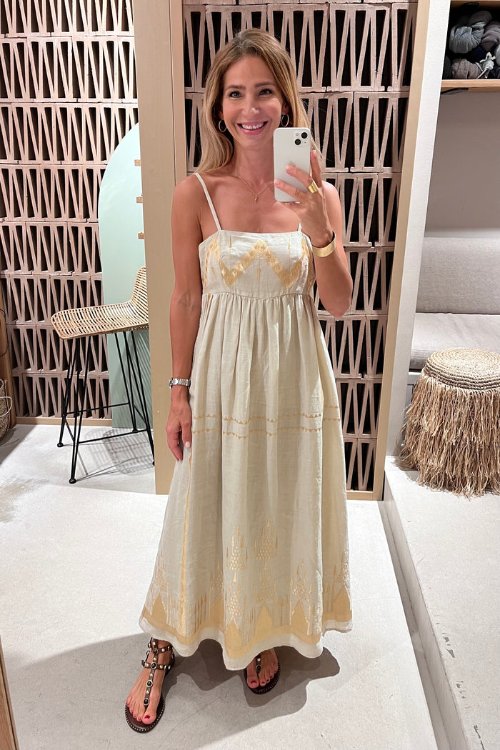 STRAPPY RAMIE MIDI DRESS "ROOTS" SAND/GOLD