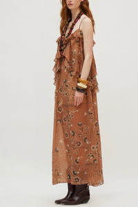 LONG TRANSPARENT CHIFFON DRESS "ROSE" BROWN