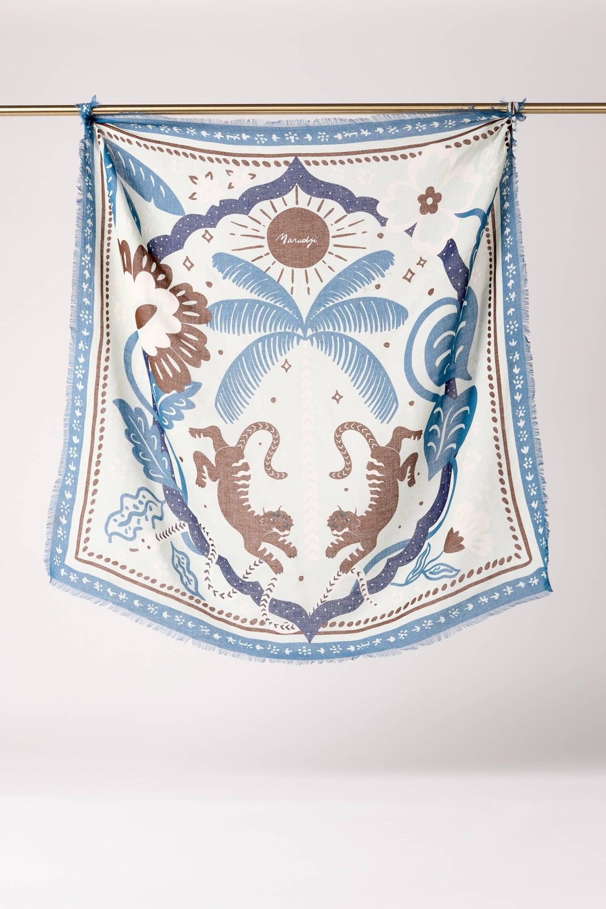 WOOL SCARF "TIGER IN THE PALMERAIE" BLUE/ORANGE