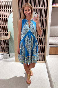SHORT SLEEVELESS DRESS "EMBROIDERED" RAF BLUE/GOLD