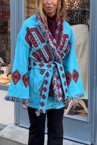OVERSIZED JACQUARD KIMONO JACKET "ELEA" TURQUOISE