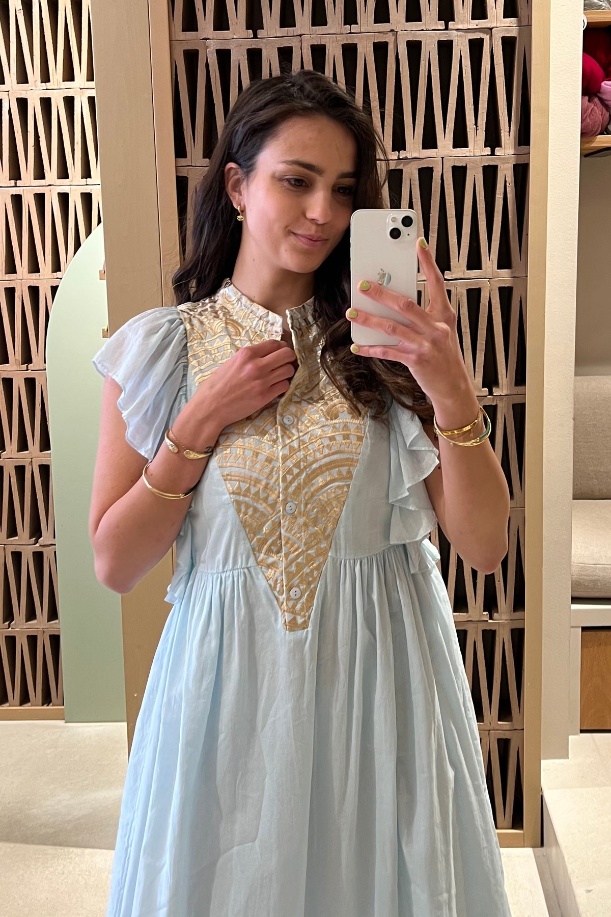 MIDI COTTON DRESS WITH RUFFLES "TRIANGLE" CIEL/GOLD