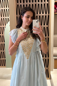 MIDI COTTON DRESS WITH RUFFLES "TRIANGLE" CIEL/GOLD