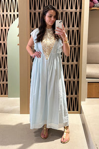 MIDI COTTON DRESS WITH RUFFLES "TRIANGLE" CIEL/GOLD