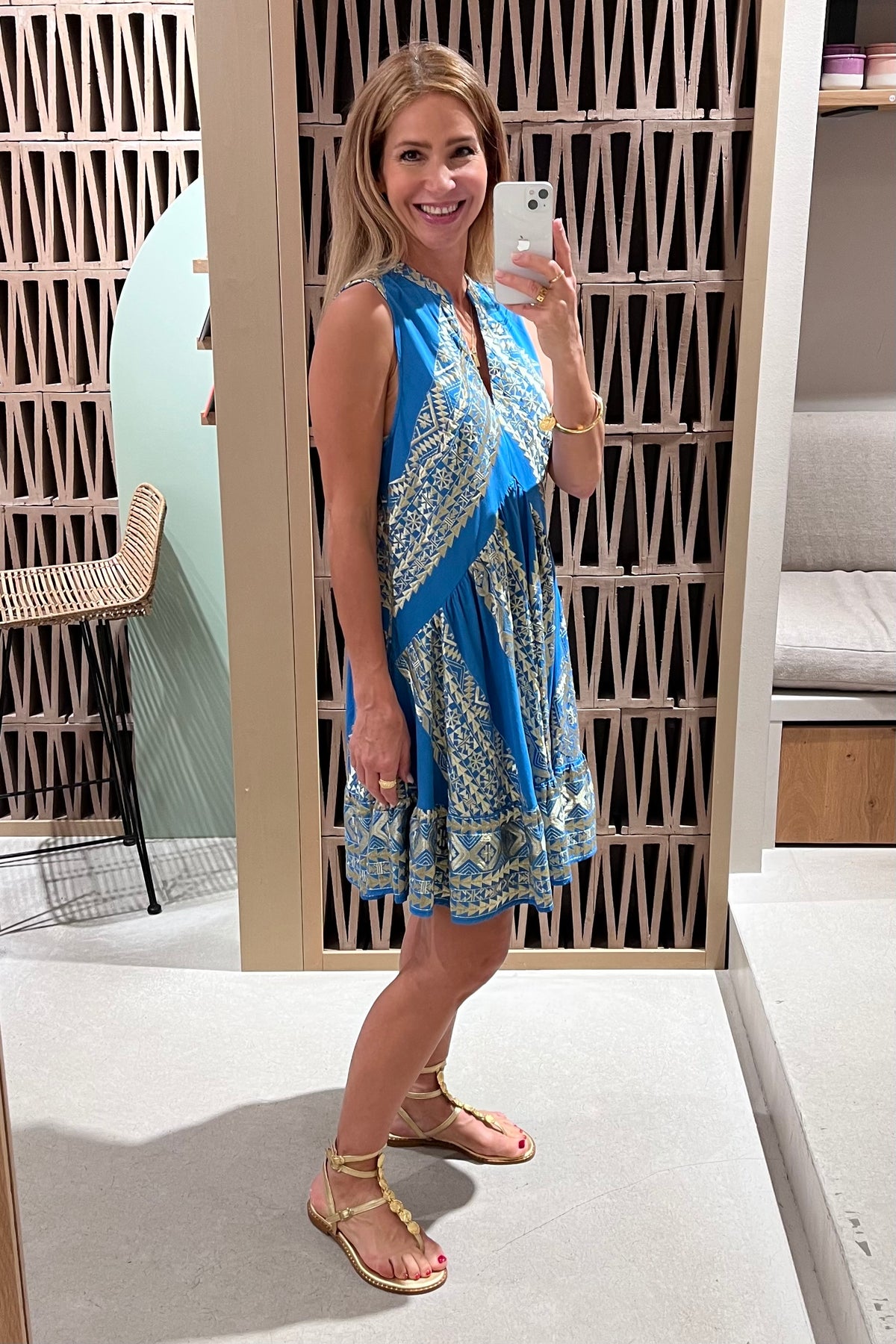 SHORT SLEEVELESS DRESS "EMBROIDERED" RAF BLUE/GOLD