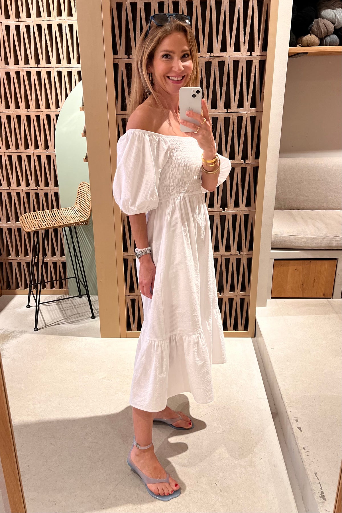 SMOCKED OFF-SHOULDER MIDI DRESS "OPHELIA" WHITE