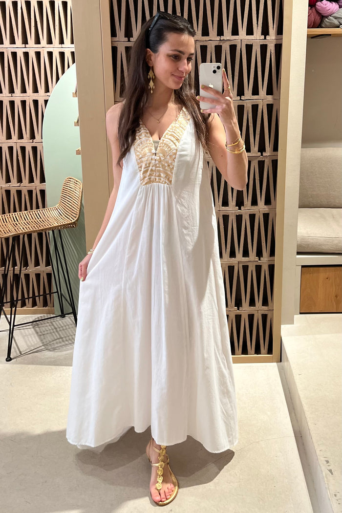LONG SLEEVELESS COTTON DRESS "TRIANGLE" WHITE/GOLD
