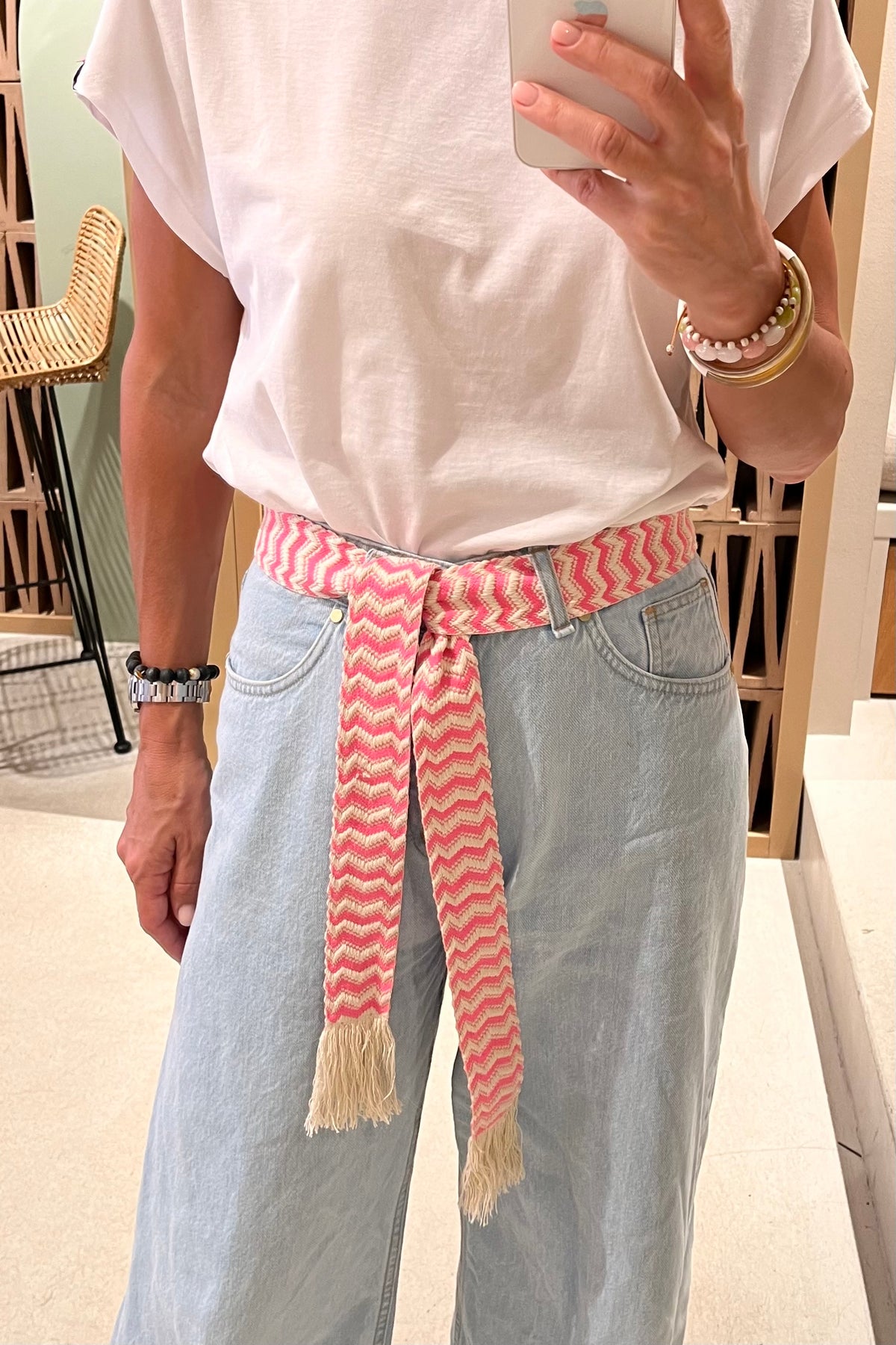 WOVEN BELT „CHEVRON" NEON PINK/ECRU