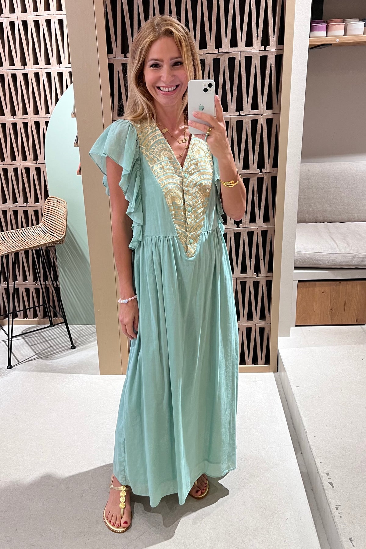 MIDI COTTON DRESS WITH RUFFLES "TRIANGLE" SEA GREEN/GOLD