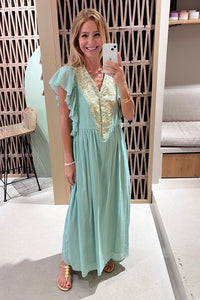 MIDI COTTON DRESS WITH RUFFLES "TRIANGLE" SEA GREEN/GOLD