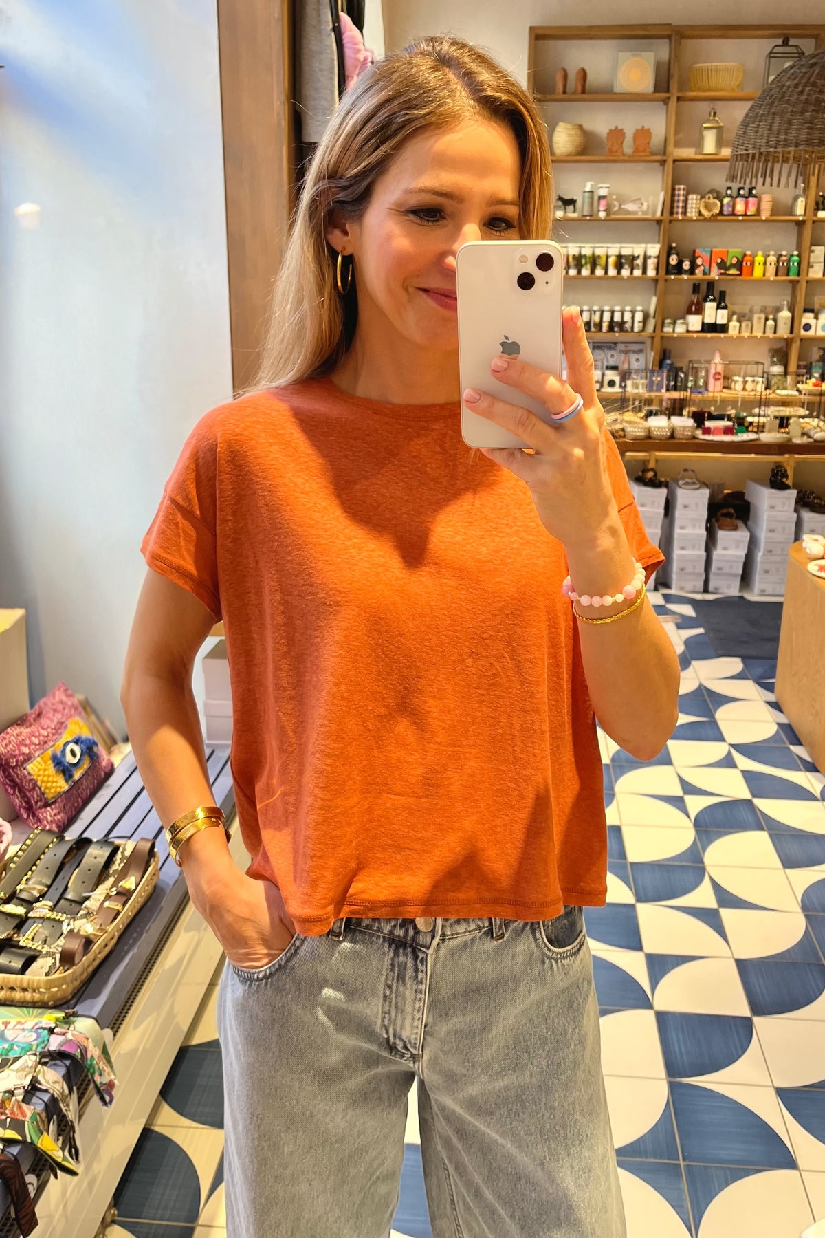 CROPPED BAMBOO LINEN T-SHIRT BURNED ORANGE