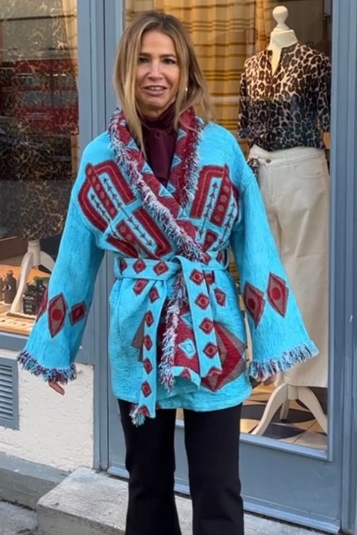 OVERSIZED JACQUARD KIMONO JACKET "ELEA" TURQUOISE