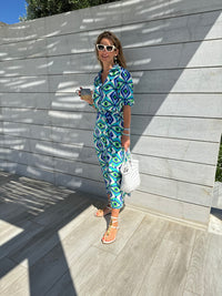 MIDI SHIRT DRESS WITH BELT "GLAFKI" BLUE/GREEN/WHITE