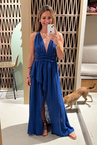 LONG SLITTED NECKHOLDER DRESS "MALIA" BLUE