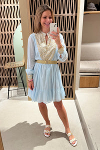 SHORT COTTON DRESS "TRIANGLE" CIEL/GOLD