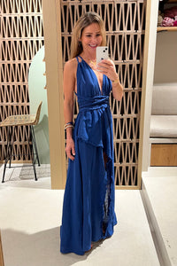 LONG SLITTED NECKHOLDER DRESS "MALIA" BLUE