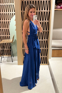 LONG SLITTED NECKHOLDER DRESS "MALIA" BLUE