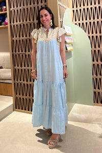 MIDI DRESS WITH RUFFLES "TRIANGLE" CIEL/GOLD