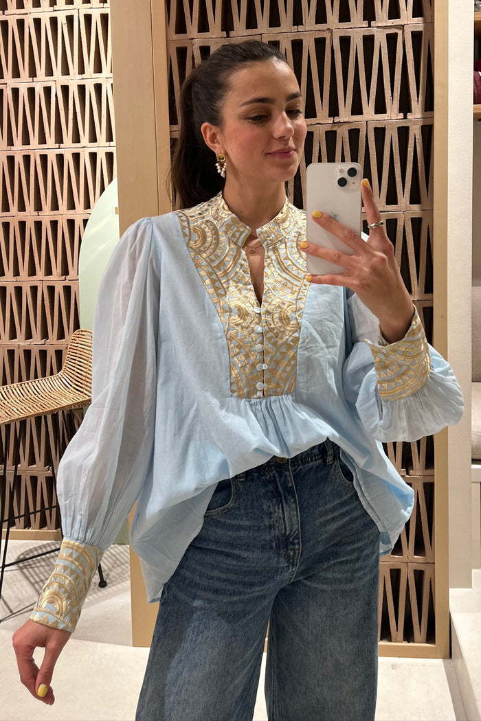 COTTON BLOUSE "TRIANGLE" CIEL/GOLD