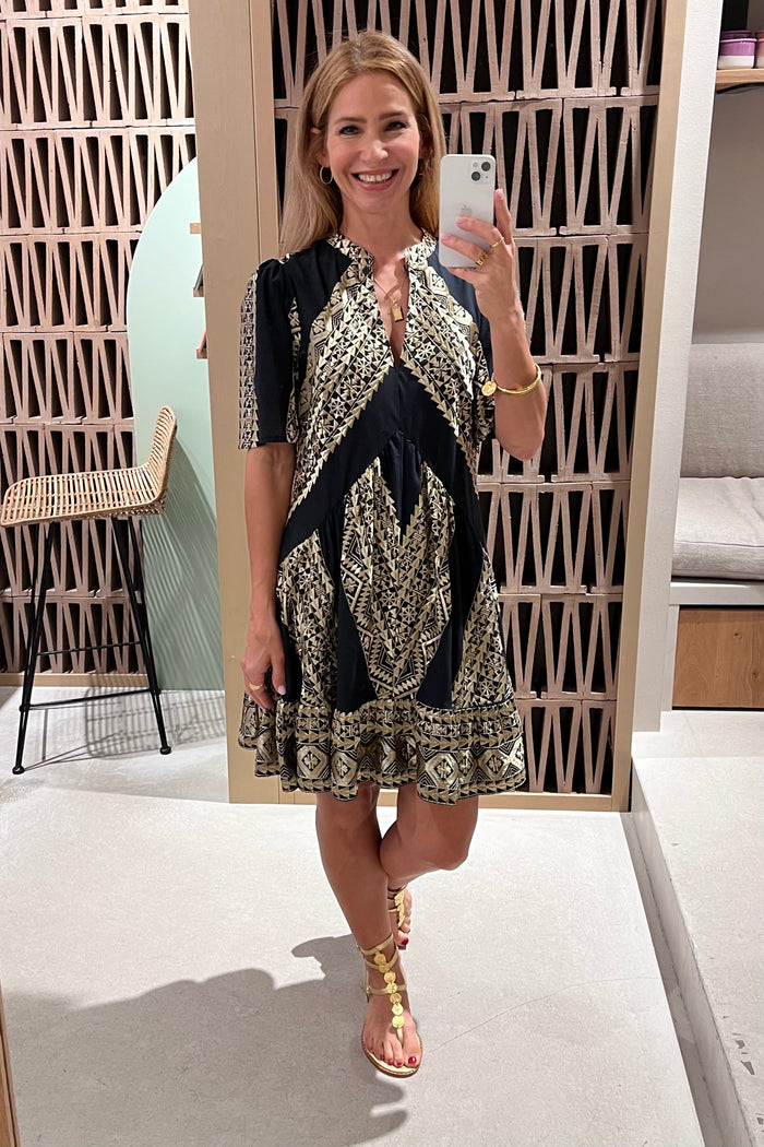 SHORT OVERSIZED DRESS "EMBROIDERED" BLACK/GOLD