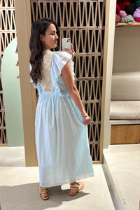 MIDI COTTON DRESS WITH RUFFLES "TRIANGLE" CIEL/GOLD