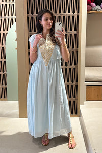 MIDI COTTON DRESS WITH RUFFLES "TRIANGLE" CIEL/GOLD