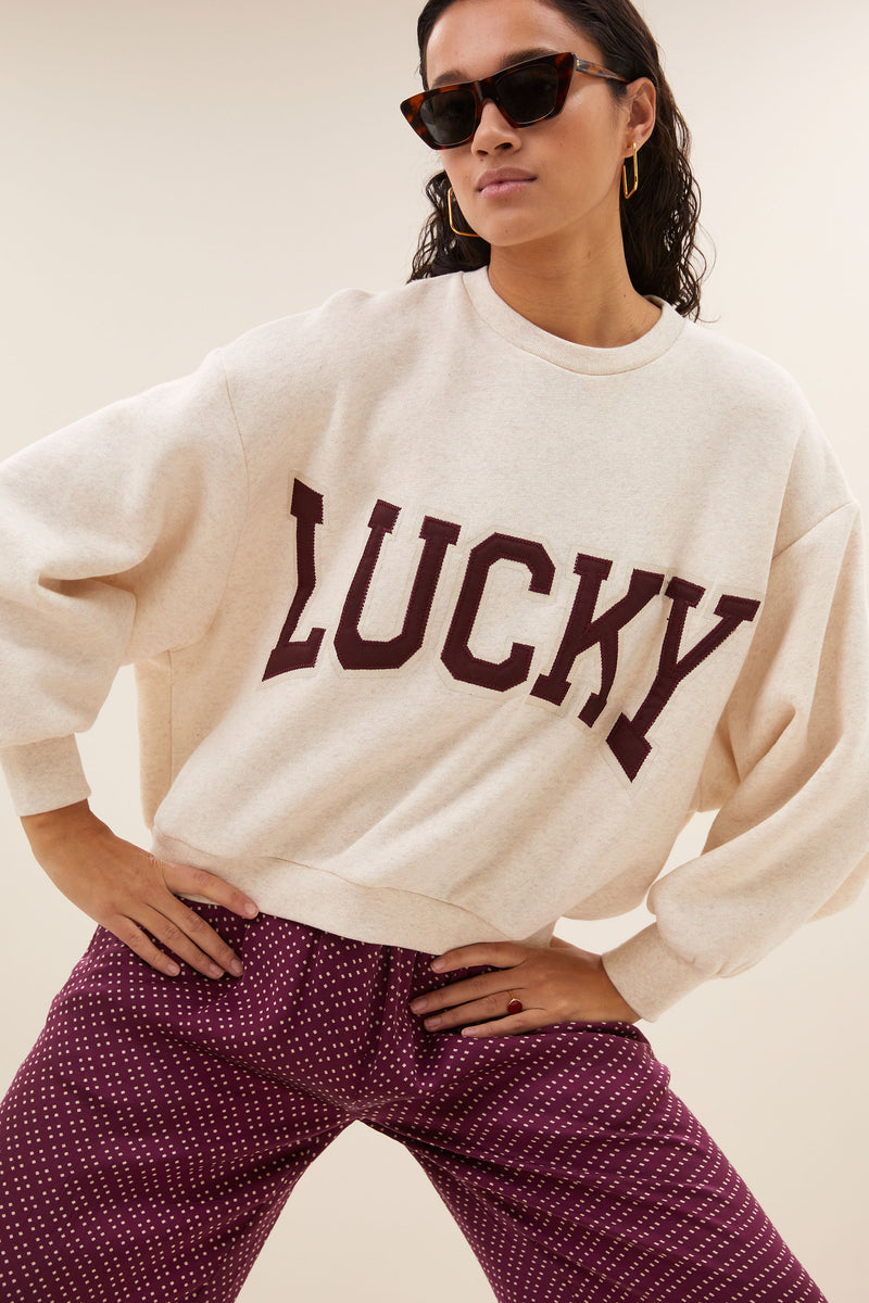 OVERSIZED COTTON SWEATER "LUCKY" CREAM/BORDEAUX