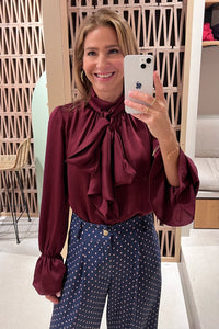 SILKY SATIN BOW TIE BLOUSE "CHLOE" BURGUNDY