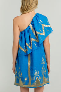 SHORT ONE SHOULDER DRESS "ROOTS" BLUE RAF/GOLD