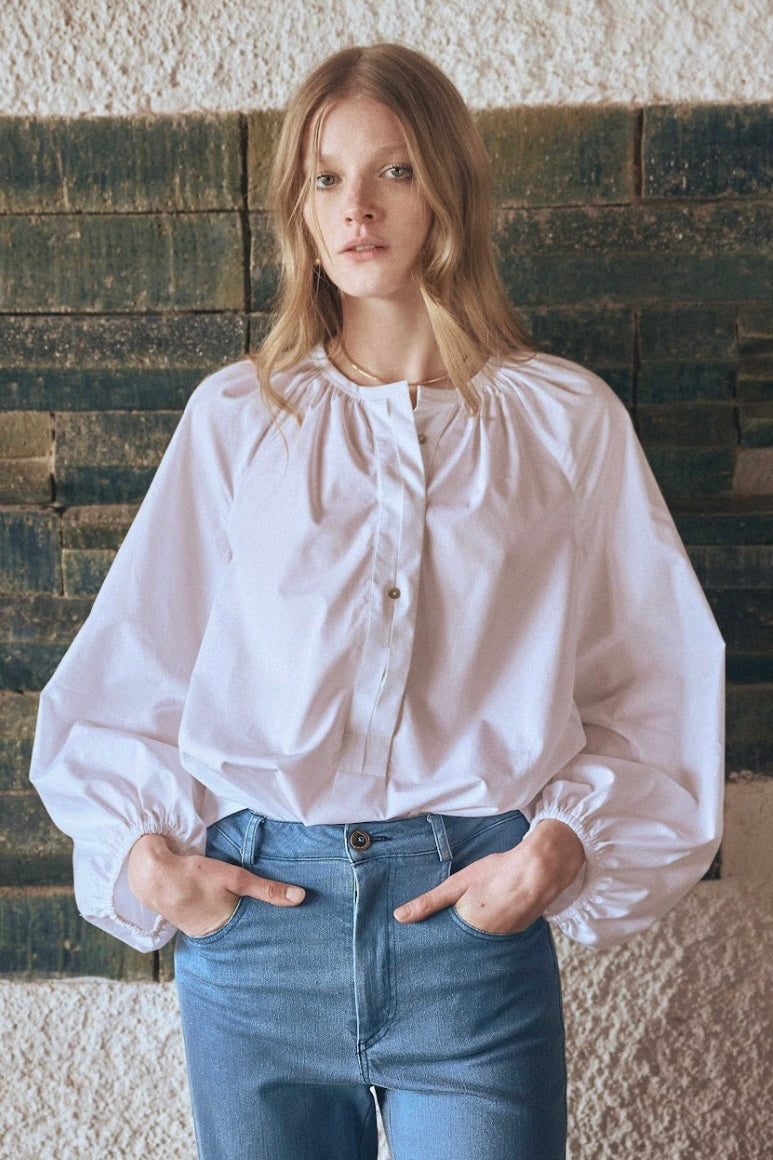 COTTON BLOUSE WITH BALLOON SLEEVES WHITE