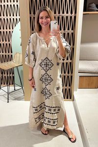 MIDI LINEN DRESS "LEFKADA" BEIGE/BLACK