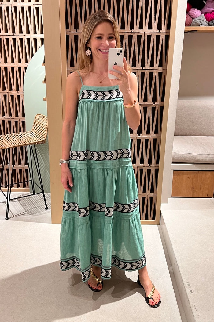 MIDI STRAPPY COTTON DRESS "NIKA" GREEN/BLACK